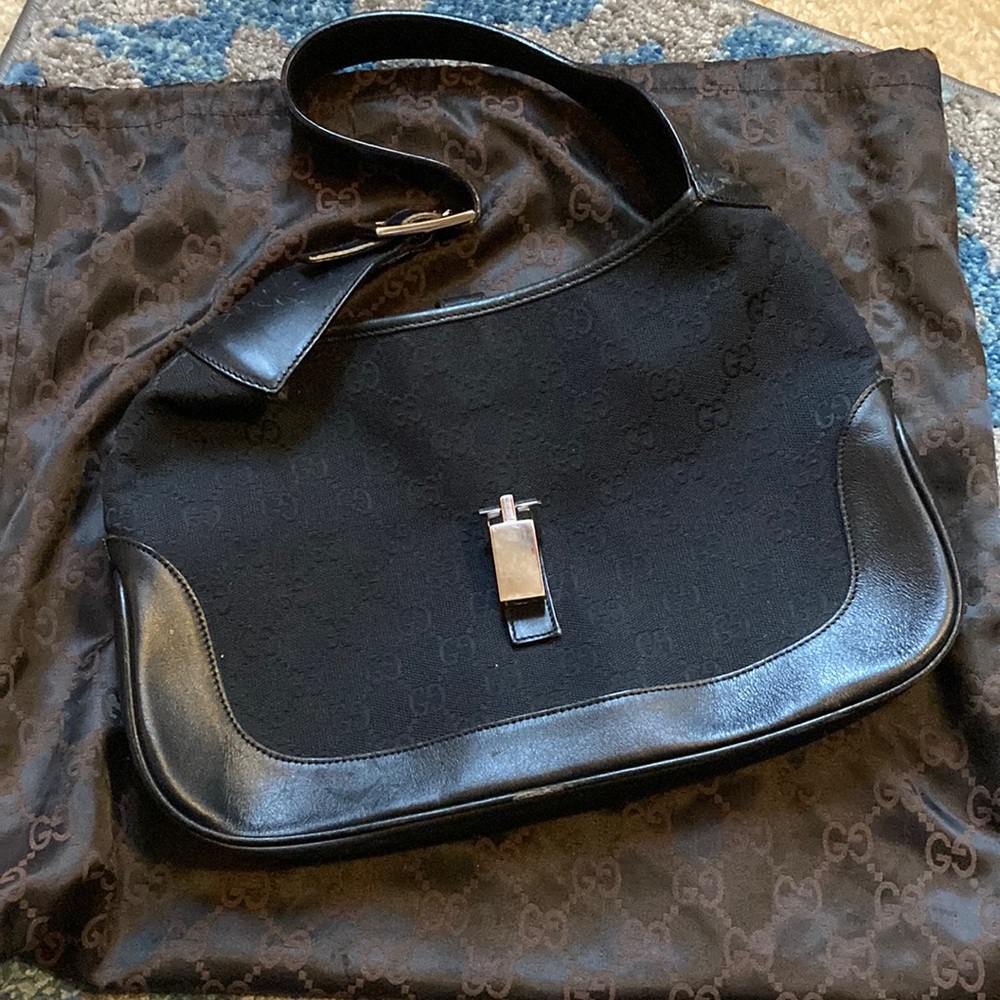 Jackie hobo monogram leather trimmed black shoulder canvas.